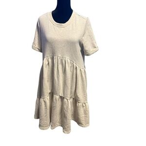 EN SAISON Tiered Short Sleeve Babydoll French Terry Mini Dress Pockets Small